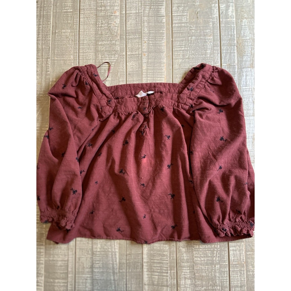 LC Lauren Conrad Women Cropped Blouse Top Size XL Embroidered Floral Long Sleeve